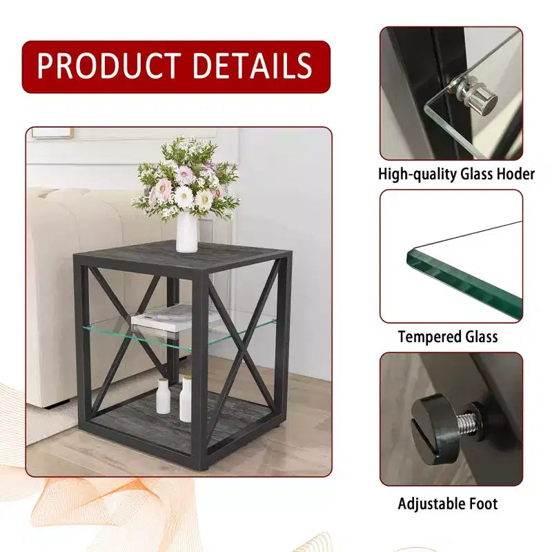 Set di 2 tavolini moderni con cassetto - Comodini in MDF con venatura del legno rustica e piano in vetro temperato per camera da letto e soggiorno