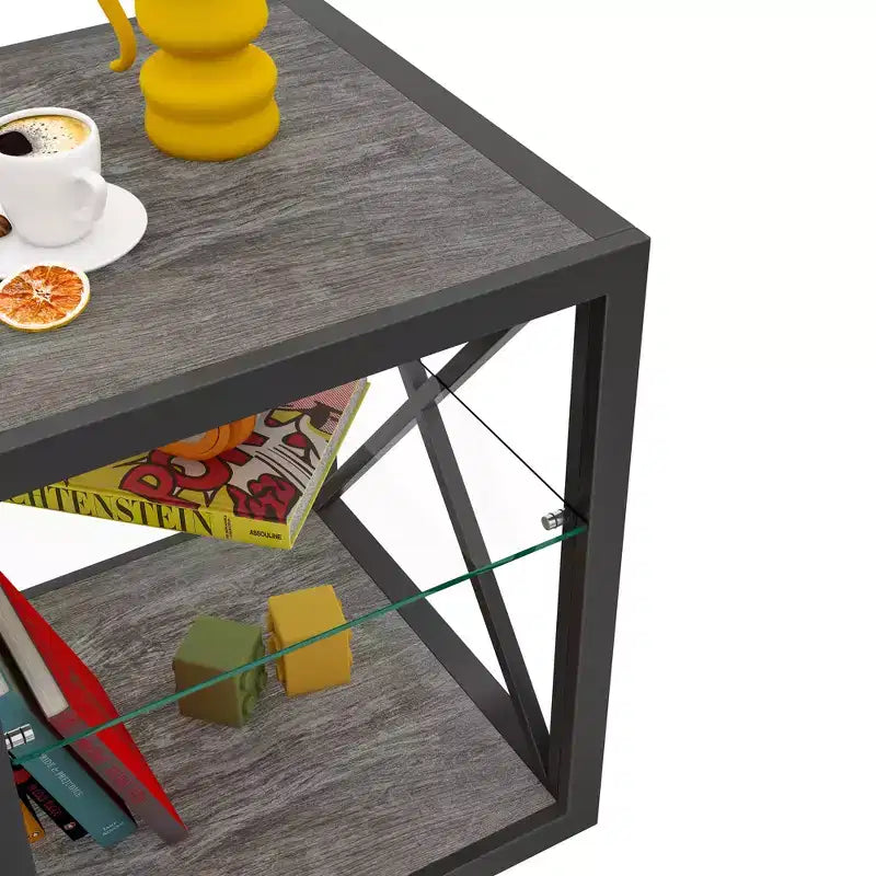 Set di 2 tavolini moderni con cassetto - Comodini in MDF con venatura del legno rustica e piano in vetro temperato per camera da letto e soggiorno