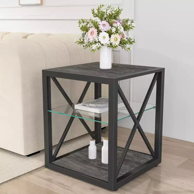 Set di 2 tavolini moderni con cassetto - Comodini in MDF con venatura del legno rustica e piano in vetro temperato per camera da letto e soggiorno