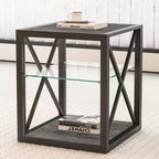 Set di 2 tavolini moderni con cassetto - Comodini in MDF con venatura del legno rustica e piano in vetro temperato per camera da letto e soggiorno