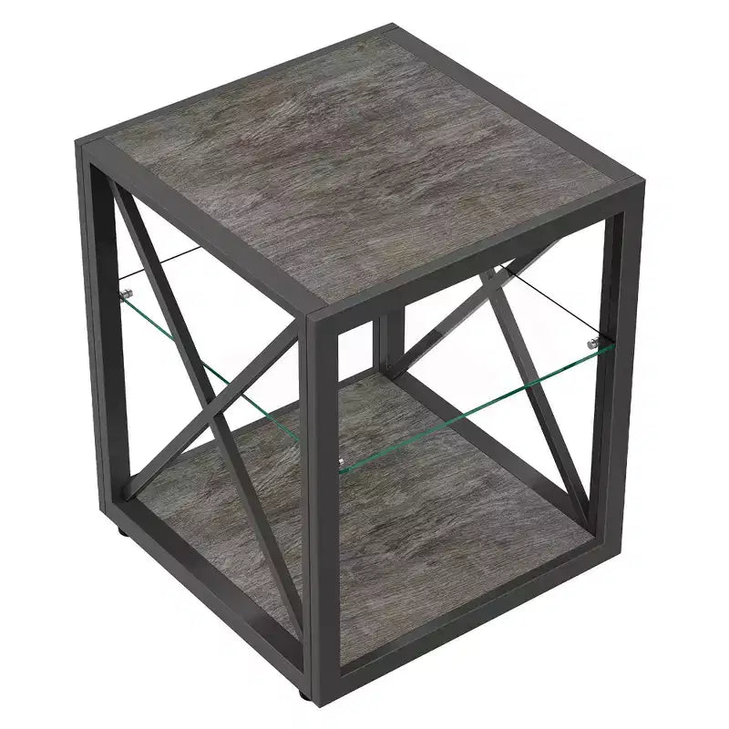 Set di 2 tavolini moderni con cassetto - Comodini in MDF con venatura del legno rustica e piano in vetro temperato per camera da letto e soggiorno