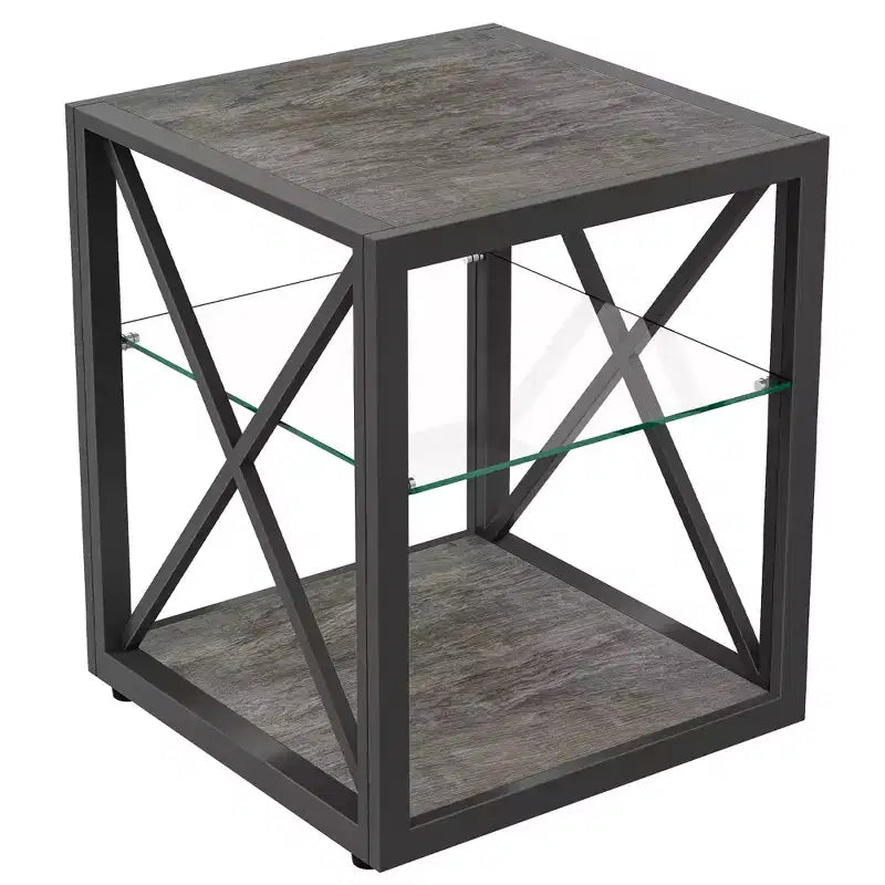 Set di 2 tavolini moderni con cassetto - Comodini in MDF con venatura del legno rustica e piano in vetro temperato per camera da letto e soggiorno