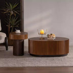CLIHOME Set of 2 Handcraft Round Nesting Coffee Table, Chic Wave Stripe Edge, Modern Stylish Wooden Circle Fluted Center Table
