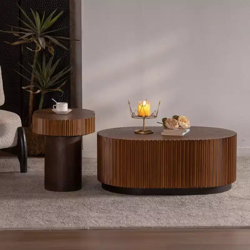 CLIHOME Set of 2 Handcraft Round Nesting Coffee Table, Chic Wave Stripe Edge, Modern Stylish Wooden Circle Fluted Center Table