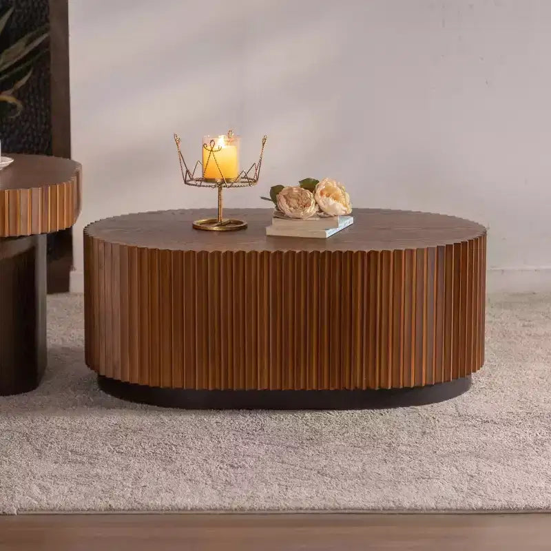 CLIHOME Set of 2 Handcraft Round Nesting Coffee Table, Chic Wave Stripe Edge, Modern Stylish Wooden Circle Fluted Center Table