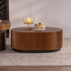CLIHOME Set of 2 Handcraft Round Nesting Coffee Table, Chic Wave Stripe Edge, Modern Stylish Wooden Circle Fluted Center Table