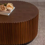 CLIHOME Set of 2 Handcraft Round Nesting Coffee Table, Chic Wave Stripe Edge, Modern Stylish Wooden Circle Fluted Center Table