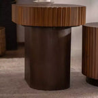 CLIHOME Set of 2 Handcraft Round Nesting Coffee Table, Chic Wave Stripe Edge, Modern Stylish Wooden Circle Fluted Center Table