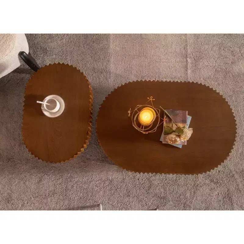 CLIHOME Set of 2 Handcraft Round Nesting Coffee Table, Chic Wave Stripe Edge, Modern Stylish Wooden Circle Fluted Center Table