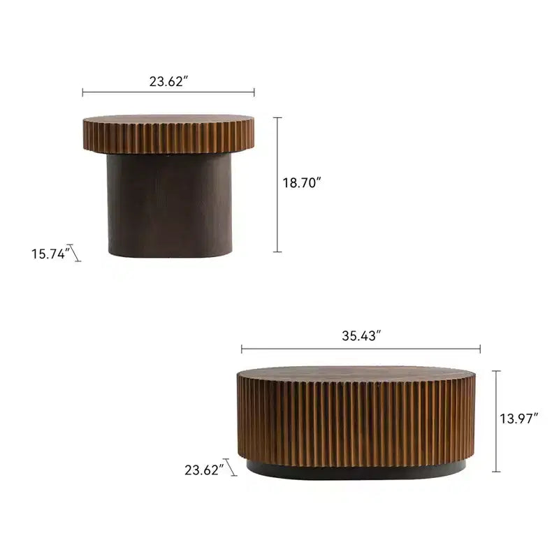 CLIHOME Set of 2 Handcraft Round Nesting Coffee Table, Chic Wave Stripe Edge, Modern Stylish Wooden Circle Fluted Center Table