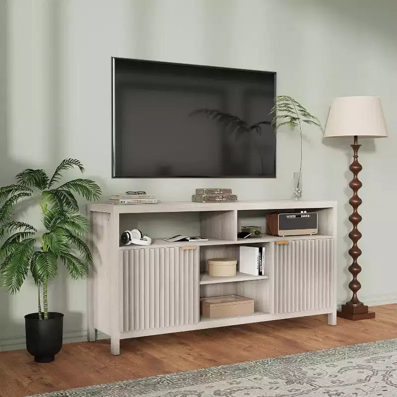 COZONY Mobile TV da Fattoria da 150 cm con Anta a Scanalature e Ripiani Regolabili, Mobile TV per TV da 65 pollici