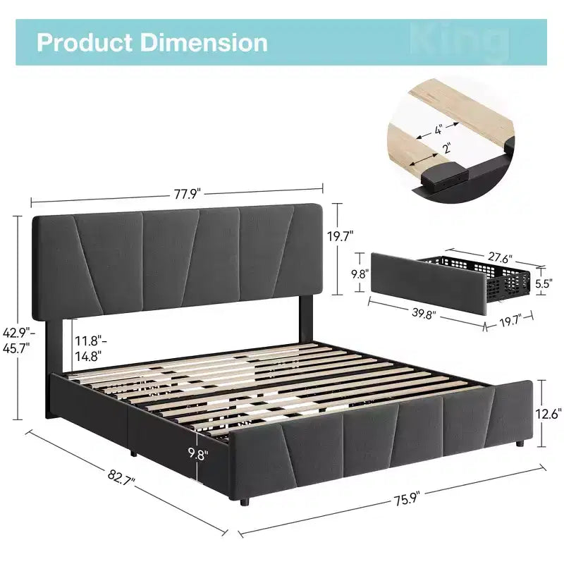 King Bed Frame, Platform Bed with Adjustable Headboard - 4 Storage Drawers, Velvet Upholstered Tufted, No Box Spring Needed, Grey