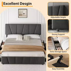 King Bed Frame, Platform Bed with Adjustable Headboard - 4 Storage Drawers, Velvet Upholstered Tufted, No Box Spring Needed, Grey