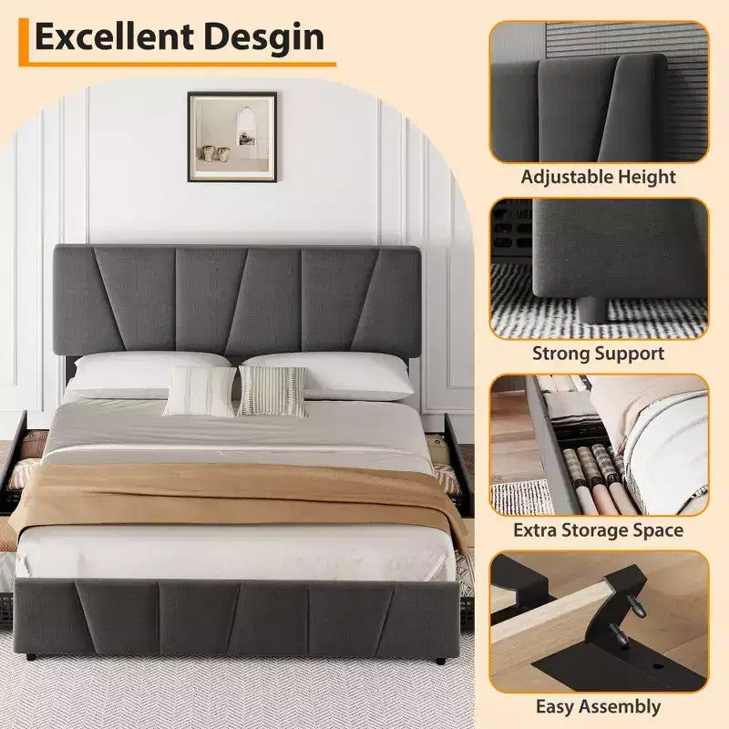 King Bed Frame, Platform Bed with Adjustable Headboard - 4 Storage Drawers, Velvet Upholstered Tufted, No Box Spring Needed, Grey
