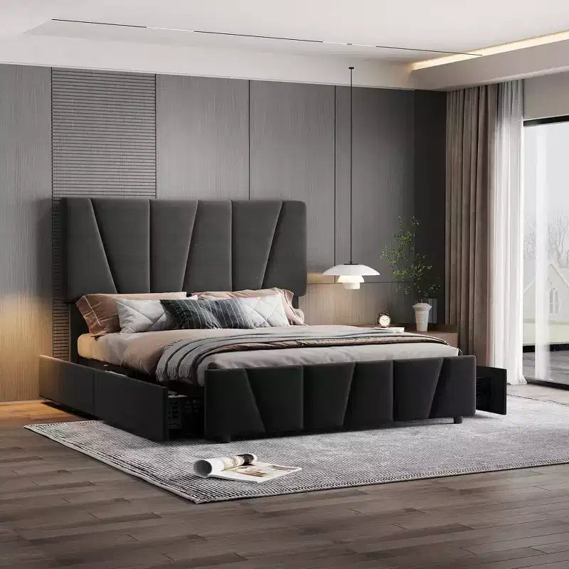 King Bed Frame, Platform Bed with Adjustable Headboard - 4 Storage Drawers, Velvet Upholstered Tufted, No Box Spring Needed, Grey