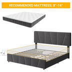 King Bed Frame, Platform Bed with Adjustable Headboard - 4 Storage Drawers, Velvet Upholstered Tufted, No Box Spring Needed, Grey