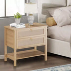 GustoWave Comodino in Rattan Set da 2, con 2 Cassetti in Rattan, Tavolino da Notte Grande con Ripiano Aperto, Comodino Stile Rustico