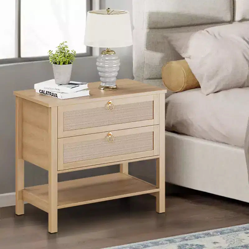 GustoWave Comodino in Rattan Set da 2, con 2 Cassetti in Rattan, Tavolino da Notte Grande con Ripiano Aperto, Comodino Stile Rustico