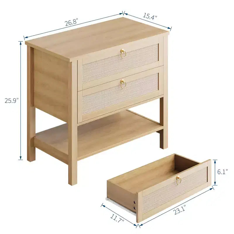 GustoWave Comodino in Rattan Set da 2, con 2 Cassetti in Rattan, Tavolino da Notte Grande con Ripiano Aperto, Comodino Stile Rustico