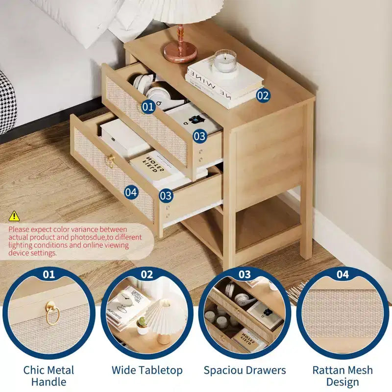 GustoWave Comodino in Rattan Set da 2, con 2 Cassetti in Rattan, Tavolino da Notte Grande con Ripiano Aperto, Comodino Stile Rustico