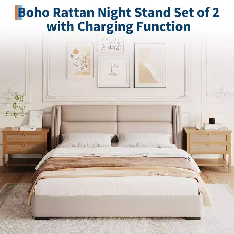 GustoWave Comodino in Rattan Set da 2, con 2 Cassetti in Rattan, Tavolino da Notte Grande con Ripiano Aperto, Comodino Stile Rustico