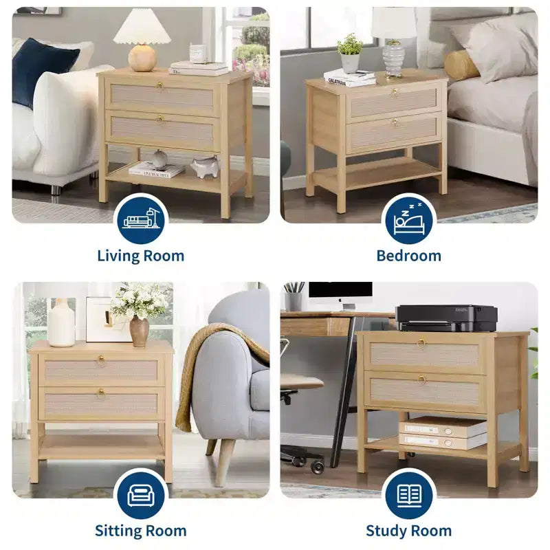 GustoWave Comodino in Rattan Set da 2, con 2 Cassetti in Rattan, Tavolino da Notte Grande con Ripiano Aperto, Comodino Stile Rustico