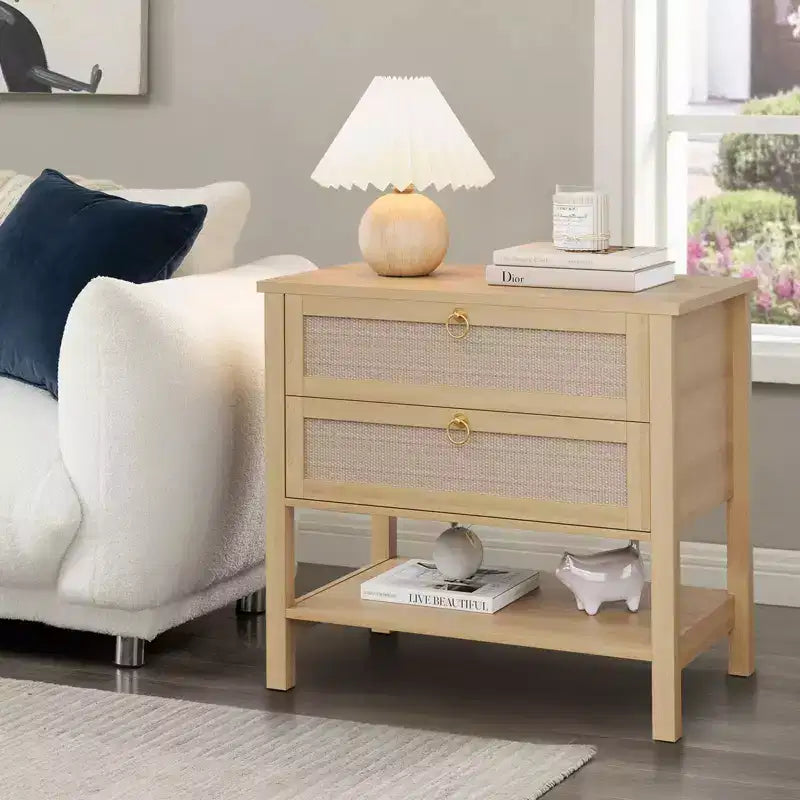 GustoWave Comodino in Rattan Set da 2, con 2 Cassetti in Rattan, Tavolino da Notte Grande con Ripiano Aperto, Comodino Stile Rustico