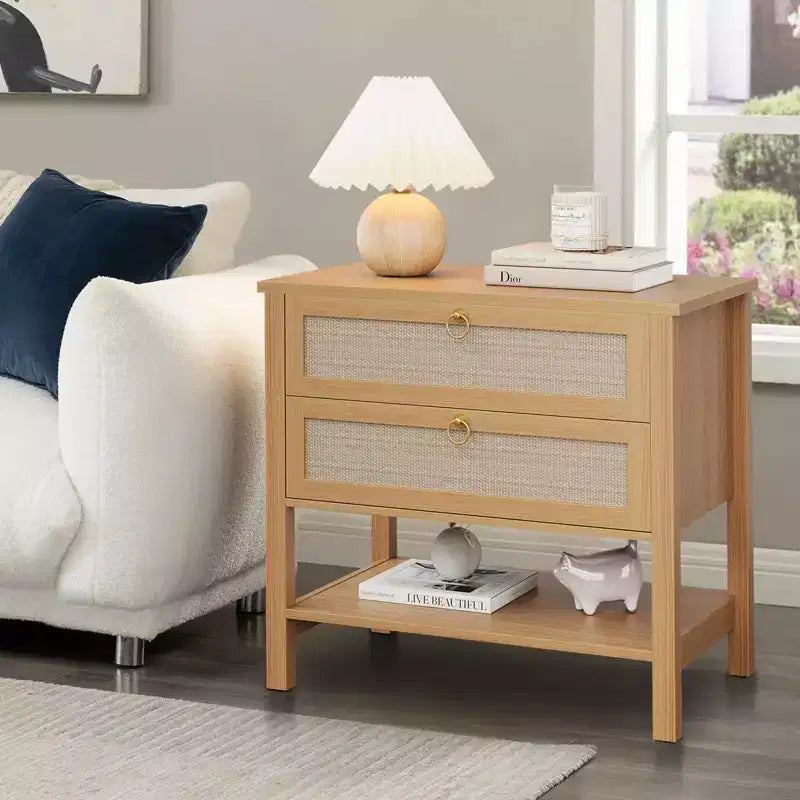 GustoWave Comodino in Rattan Set da 2, con 2 Cassetti in Rattan, Tavolino da Notte Grande con Ripiano Aperto, Comodino Stile Rustico