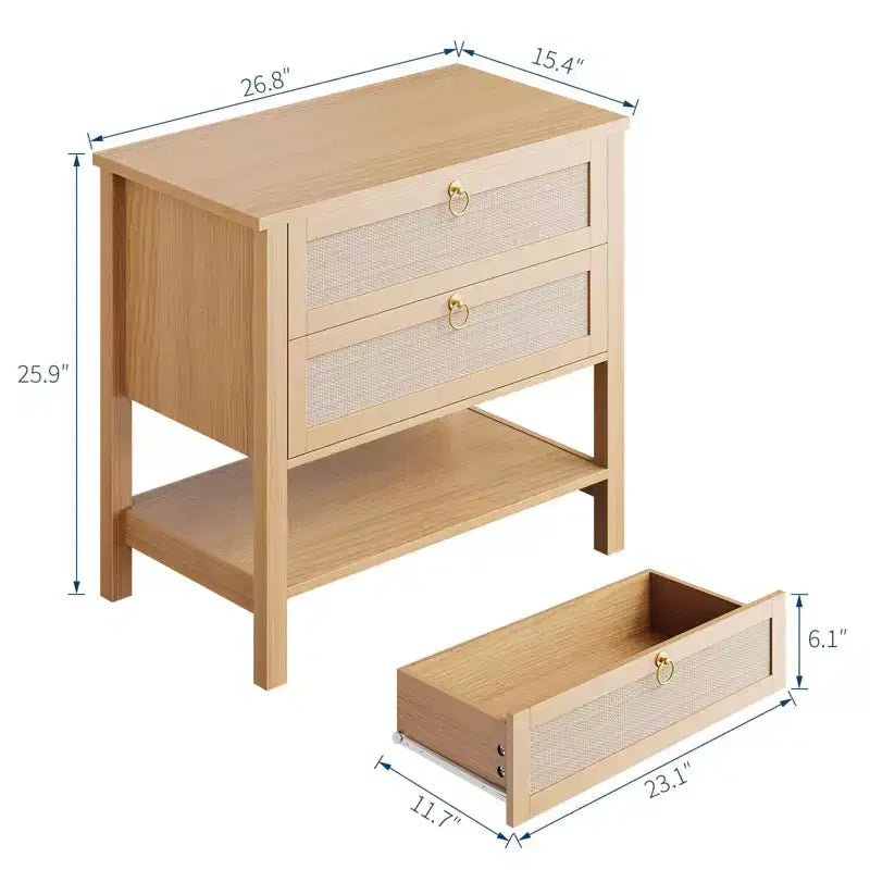 GustoWave Comodino in Rattan Set da 2, con 2 Cassetti in Rattan, Tavolino da Notte Grande con Ripiano Aperto, Comodino Stile Rustico