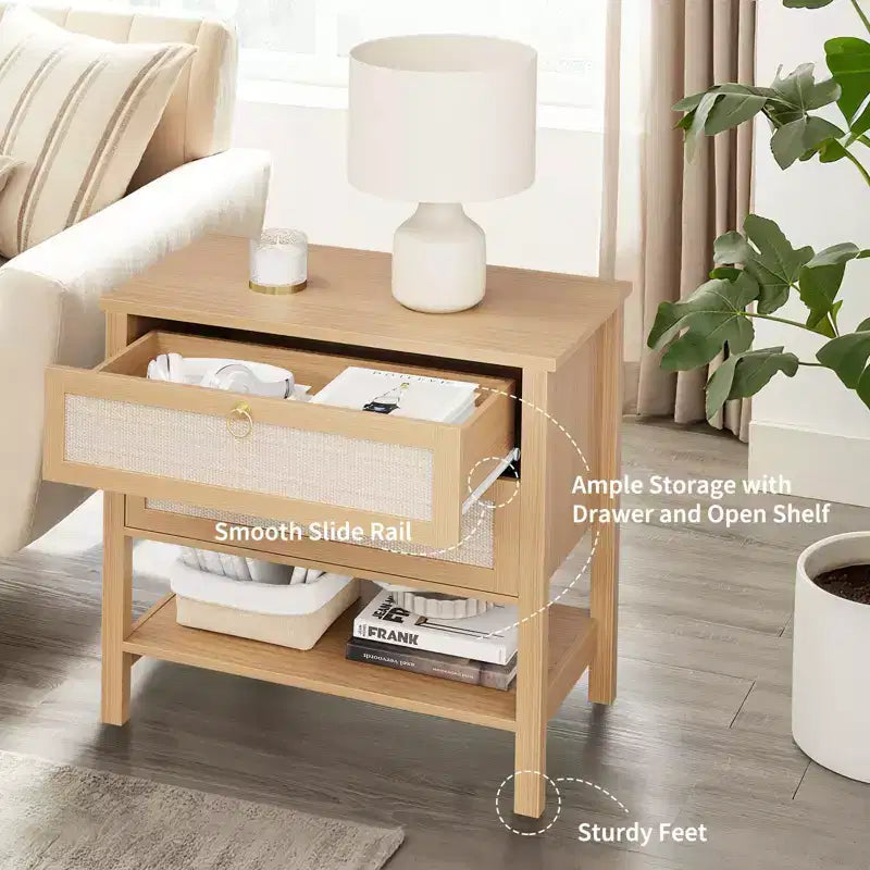 GustoWave Comodino in Rattan Set da 2, con 2 Cassetti in Rattan, Tavolino da Notte Grande con Ripiano Aperto, Comodino Stile Rustico