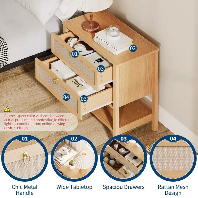 GustoWave Comodino in Rattan Set da 2, con 2 Cassetti in Rattan, Tavolino da Notte Grande con Ripiano Aperto, Comodino Stile Rustico