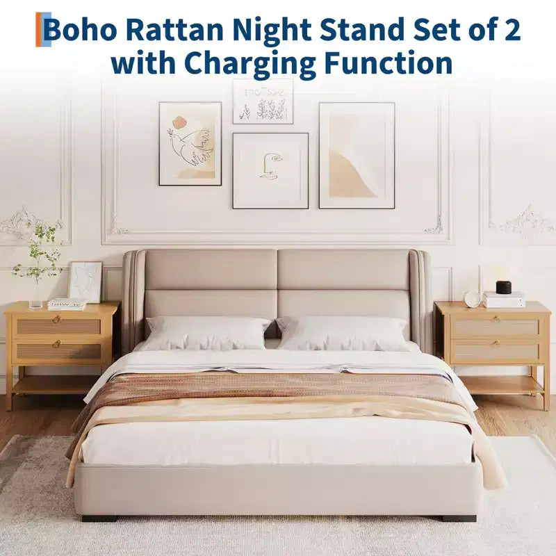 GustoWave Comodino in Rattan Set da 2, con 2 Cassetti in Rattan, Tavolino da Notte Grande con Ripiano Aperto, Comodino Stile Rustico