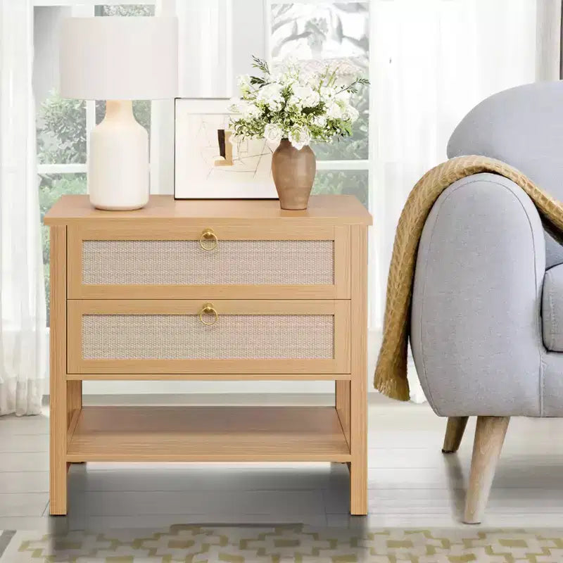 GustoWave Comodino in Rattan Set da 2, con 2 Cassetti in Rattan, Tavolino da Notte Grande con Ripiano Aperto, Comodino Stile Rustico