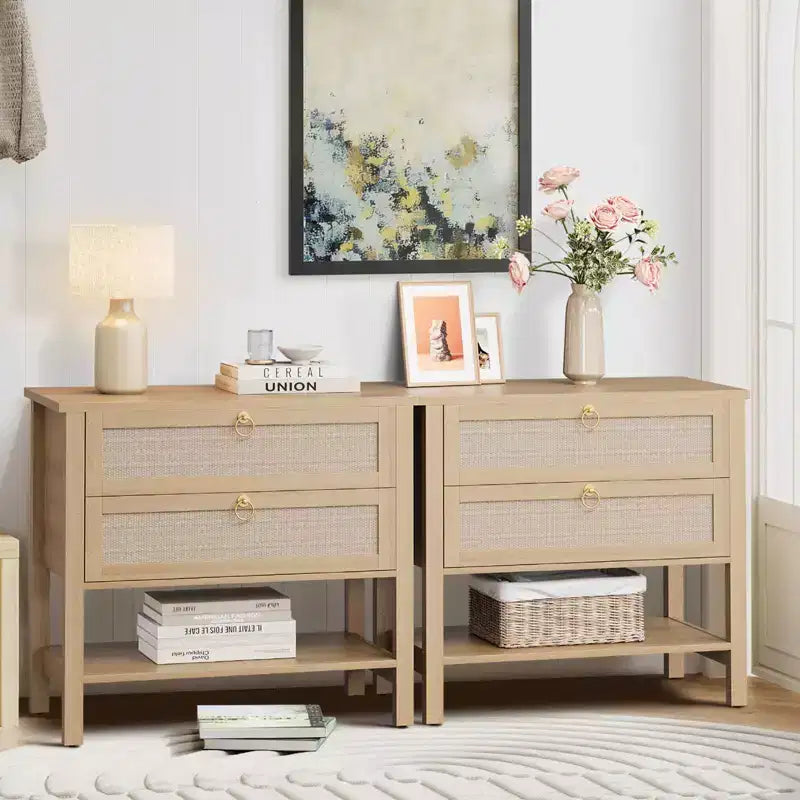 GustoWave Comodino in Rattan Set da 2, con 2 Cassetti in Rattan, Tavolino da Notte Grande con Ripiano Aperto, Comodino Stile Rustico