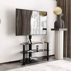 35.4-Inch Black Multi-Function TV Stand - Height Adjustable Swivel Bracket with 3 Tempered Glass Shelves