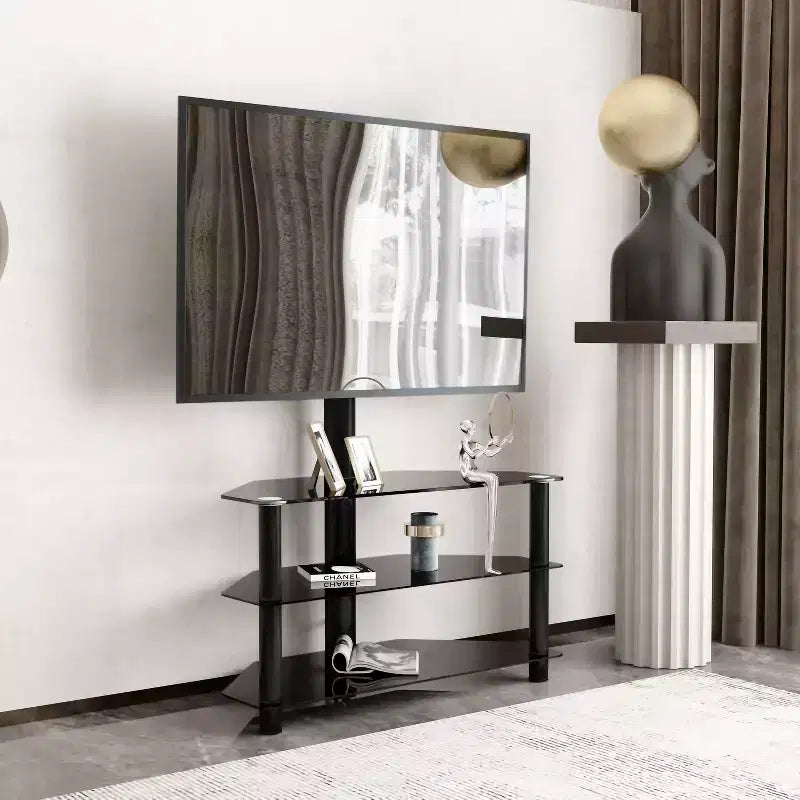 35.4-Inch Black Multi-Function TV Stand - Height Adjustable Swivel Bracket with 3 Tempered Glass Shelves