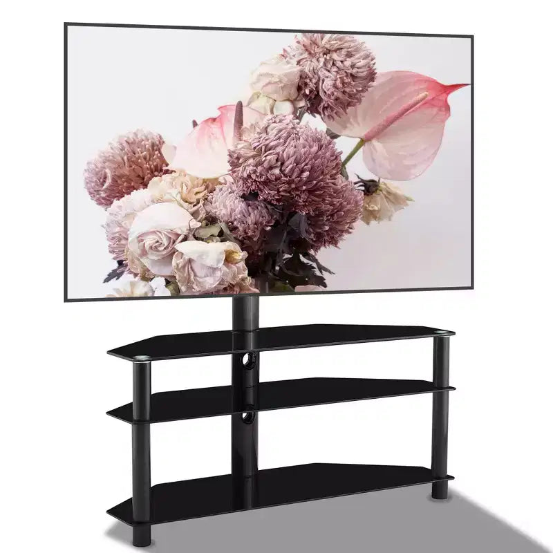 Supporto TV multifunzione nero da 89,9 cm - Staffa girevole regolabile in altezza con 3 ripiani in vetro temperato