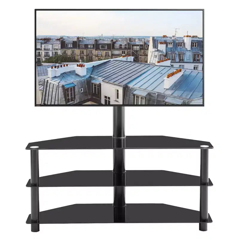 Supporto TV multifunzione nero da 89,9 cm - Staffa girevole regolabile in altezza con 3 ripiani in vetro temperato