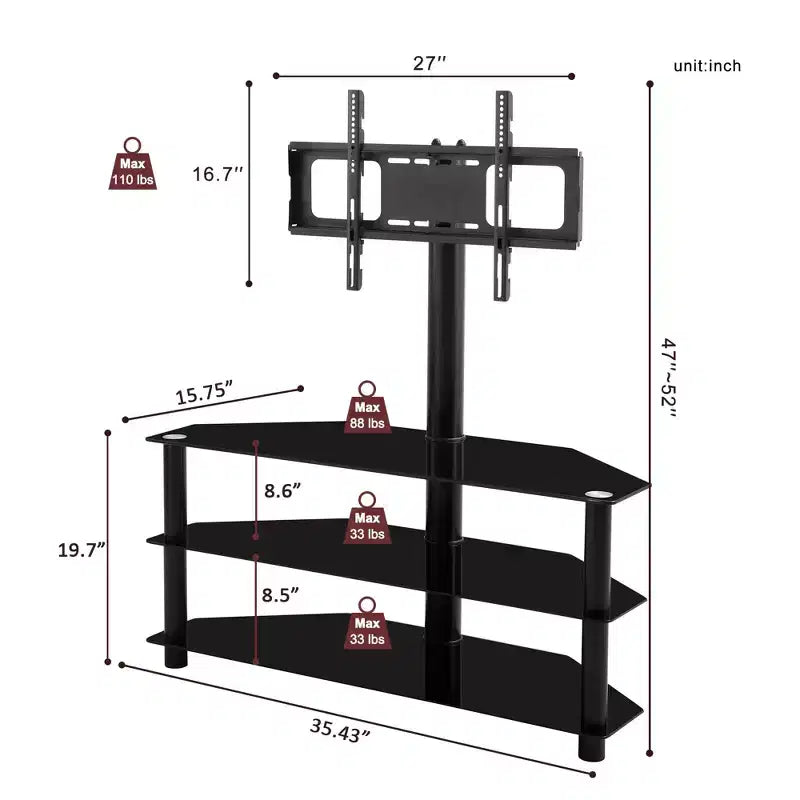Supporto TV multifunzione nero da 89,9 cm - Staffa girevole regolabile in altezza con 3 ripiani in vetro temperato