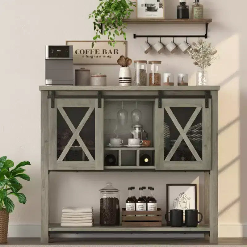 Wine Bar Cabinet with Sliding Barn Door, Rustic Kitchen Buffet Sideboard with Wine Rack & Glass Holder, Storage Liquor Cabinet for Dining Room, Grey