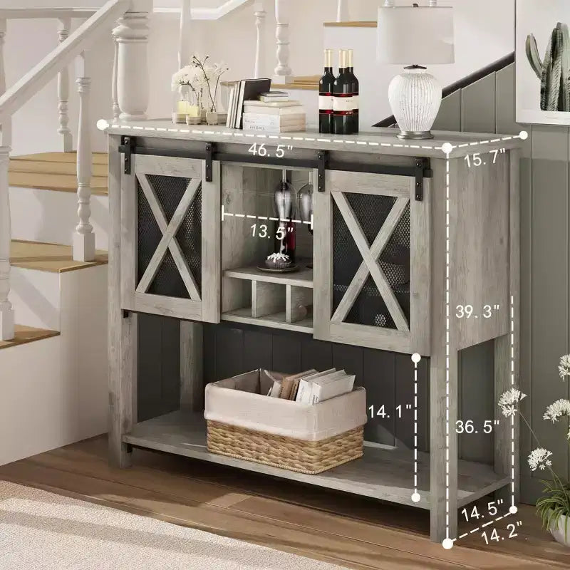Wine Bar Cabinet with Sliding Barn Door, Rustic Kitchen Buffet Sideboard with Wine Rack & Glass Holder, Storage Liquor Cabinet for Dining Room, Grey
