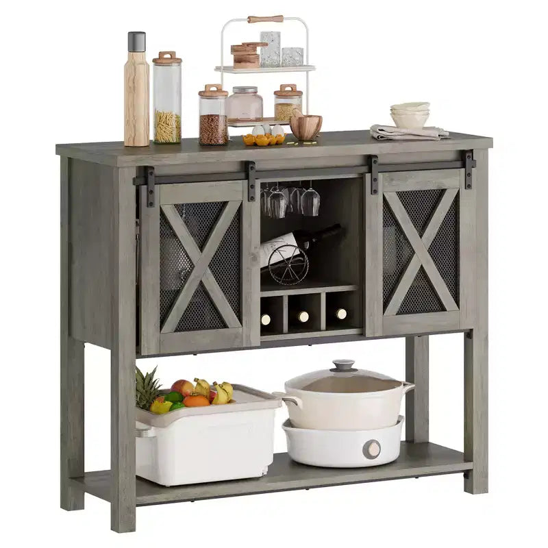 Wine Bar Cabinet with Sliding Barn Door, Rustic Kitchen Buffet Sideboard with Wine Rack & Glass Holder, Storage Liquor Cabinet for Dining Room, Grey