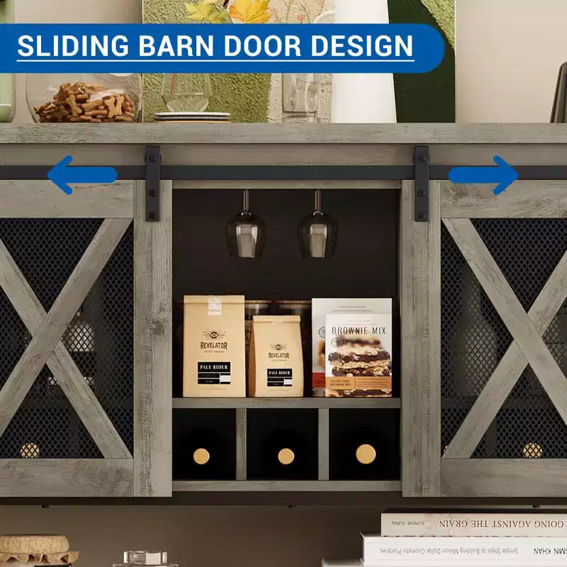 Wine Bar Cabinet with Sliding Barn Door, Rustic Kitchen Buffet Sideboard with Wine Rack & Glass Holder, Storage Liquor Cabinet for Dining Room, Grey