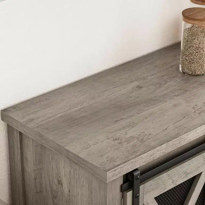 Wine Bar Cabinet with Sliding Barn Door, Rustic Kitchen Buffet Sideboard with Wine Rack & Glass Holder, Storage Liquor Cabinet for Dining Room, Grey