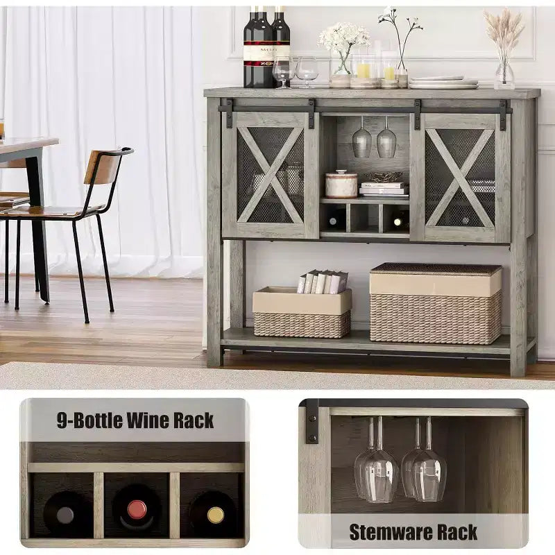Wine Bar Cabinet with Sliding Barn Door, Rustic Kitchen Buffet Sideboard with Wine Rack & Glass Holder, Storage Liquor Cabinet for Dining Room, Grey