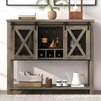 Wine Bar Cabinet with Sliding Barn Door, Rustic Kitchen Buffet Sideboard with Wine Rack & Glass Holder, Storage Liquor Cabinet for Dining Room, Grey
