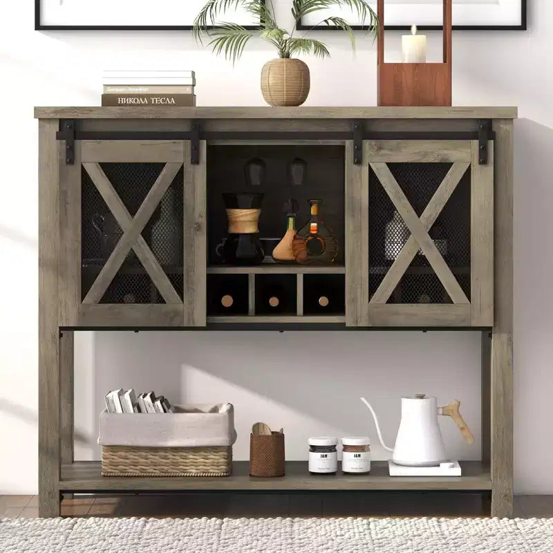 Wine Bar Cabinet with Sliding Barn Door, Rustic Kitchen Buffet Sideboard with Wine Rack & Glass Holder, Storage Liquor Cabinet for Dining Room, Grey