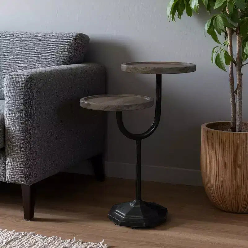 HomeRoots Tavolino rotondo con doppio ripiano in legno massello e ferro, 48 cm, naturale e nero