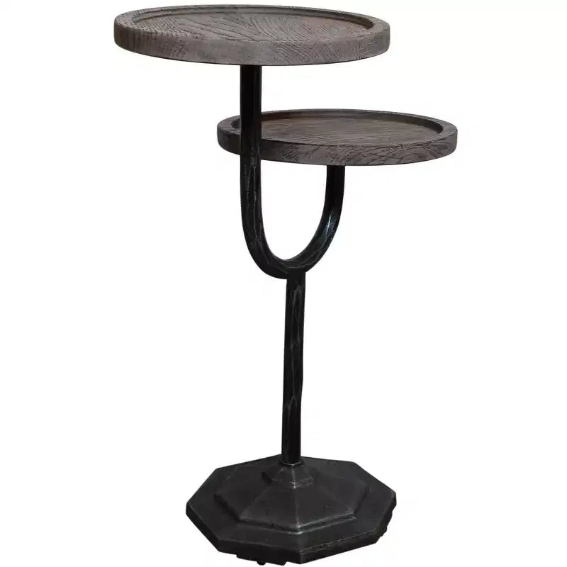 HomeRoots Tavolino rotondo con doppio ripiano in legno massello e ferro, 48 cm, naturale e nero