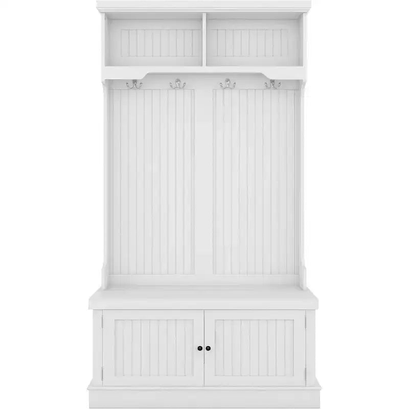 Acekool 4-in-1 Hall Tree with Storage Shoe Bench, Coat Rack with 4 Hooks, Entryway Organizer with Display Shelves & Cabinet, White